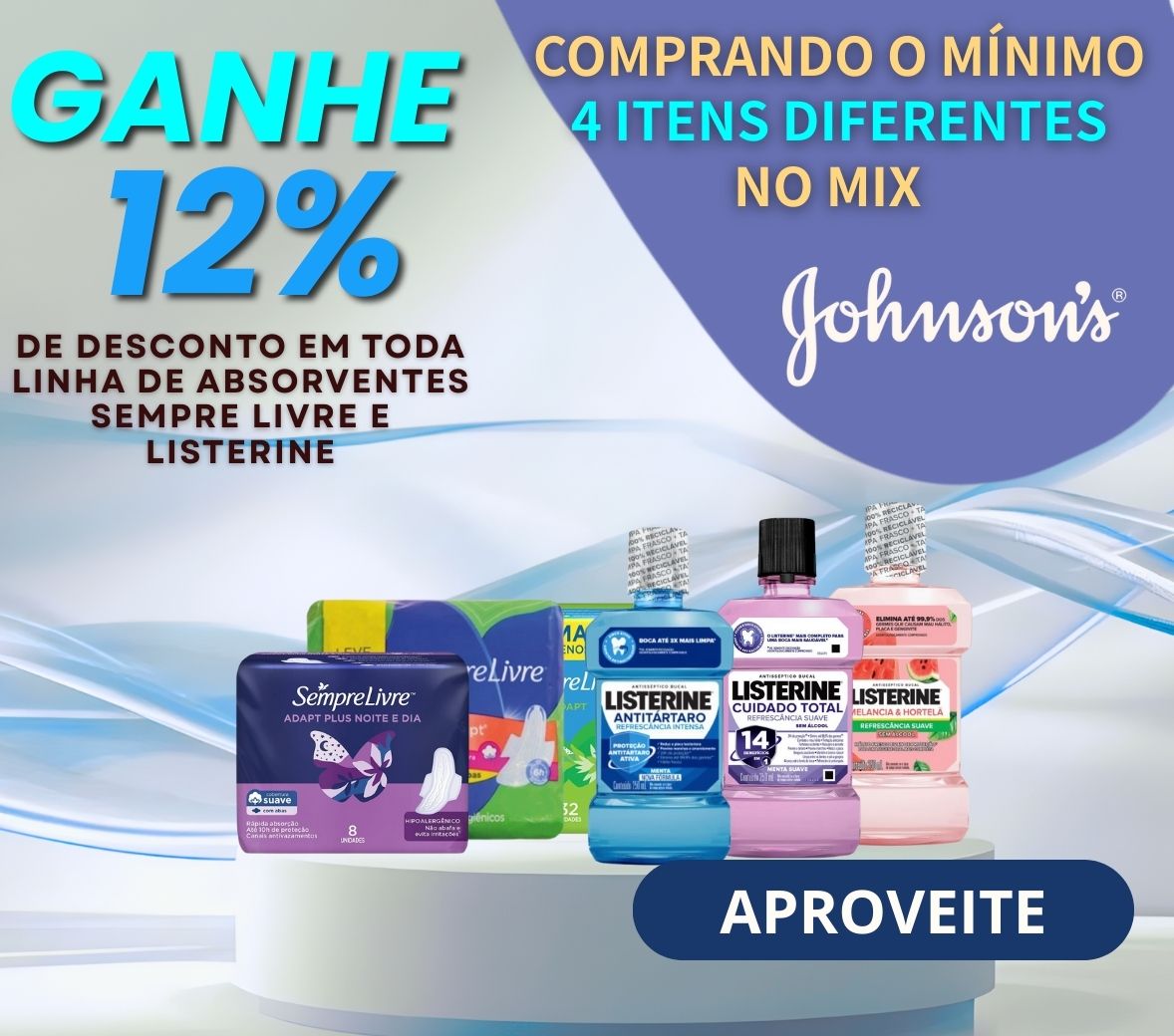 Vale 12% DE DESCONTO NOS ITENS ABS SEMPRE LIVRE ADAPT SUAVE E COTONETE JOHNSON 